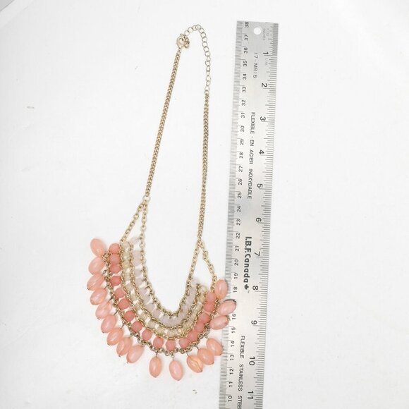 Layered Bib Statement Necklace Dangle Beaded Pink Coral Gold Iridescent Party - Picture 5 of 7